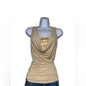 Y2k gold cowl neck sequin tank top